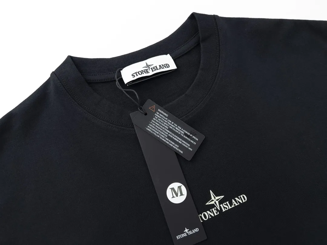 W609#P110💰 Stone Island compass big logo on the back logo printed short-sleeved men's and women's loose casual T-shirt Made of 260g combed cotton 32-count double yarn, double thread and two needles to press the thread, no deformation after long-term washing, imported 3D printing, no fading, no cracking, genuine pattern making, double tag wash, original packaging, color: black - white, size M - XXL